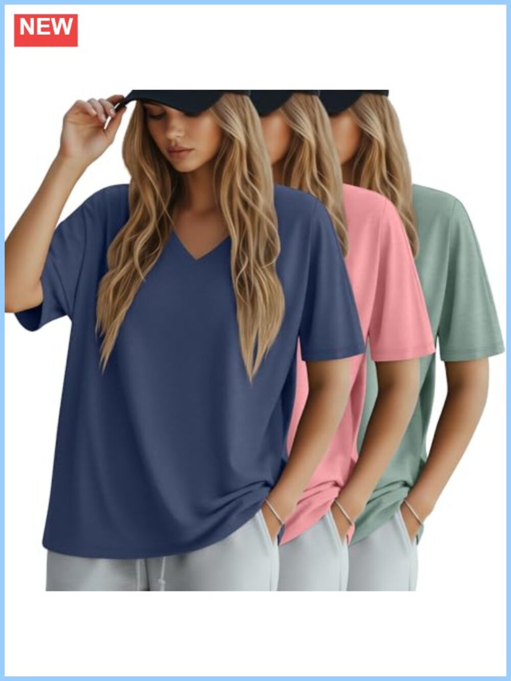 3 Pack Women's Oversized Cotton Blend V Neck T-Shirts Casual Loose Fit Tees